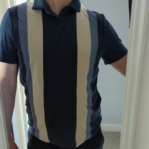 Men's Navy and Cream Striped Polo Shirt